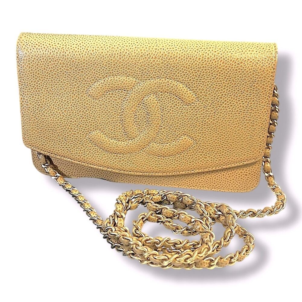 CHANEL AUTH Tan Leather Cavier Shoulder or Crossbody Bag with Gold Chain
